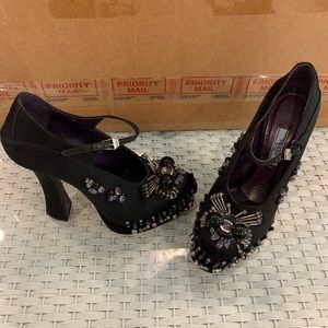 Prada Mary Jane beaded black satin purple silver platform pump size 37.5